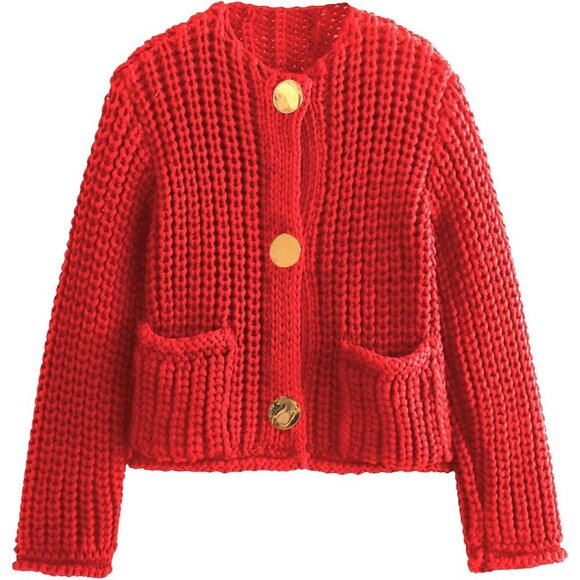 Sweaters - Elegant Women's Long Sleeve Cropped Cardigan - Button-Down Knit Sweater in Red